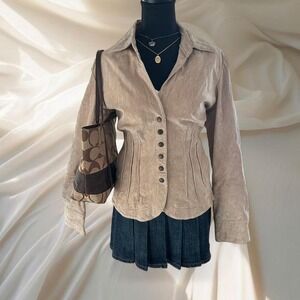 Cream corduroy 100% genuine leather jacket with button-up design
